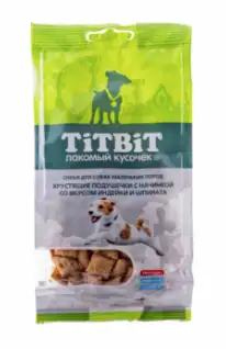 Купить titbit лакомство для собак маленьких пород Хрустящие подушечки с начинкой со вкусом индейки и шпината
