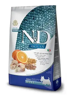 Farmina N&D Ocean Dog Godfish, Spelt, Oats & Orange Adult Mini сухой низкозерновой корм для взрослых собак мелких пород с треской и апельсином