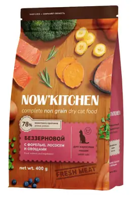 NOW’KITCHEN беззерновой сухой корм для взрослых кошек с форелью, лососем и овощами 